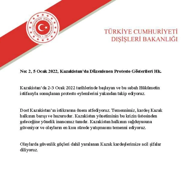 Dışişleri Bakanlığından Kazakistan'daki protesto gösterilerine ilişkin açıklama